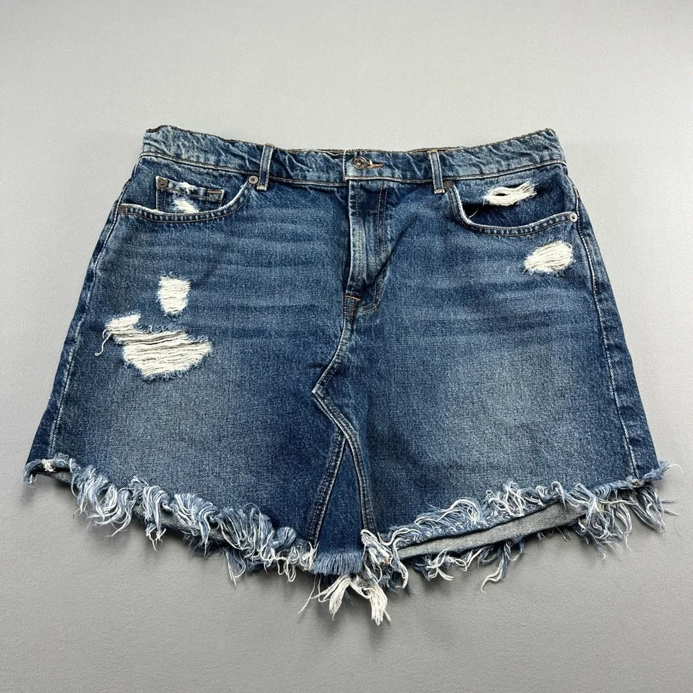7 For All Mankind Mini Skirt Womens Blue Denim Cotton Distressed Frayed Hem